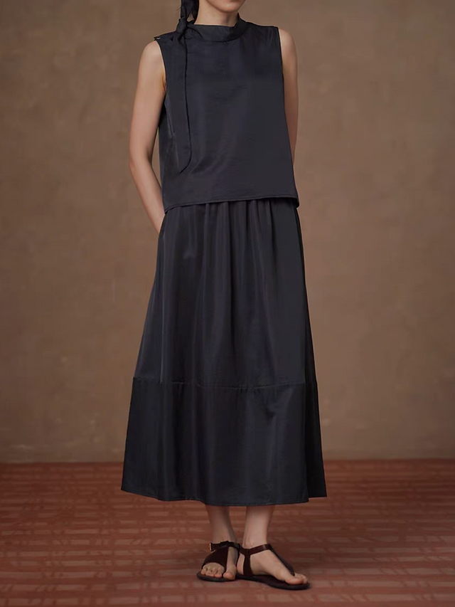 Pure lyocell navy collaratte back zipped vest + elasticated contour skirt set 8