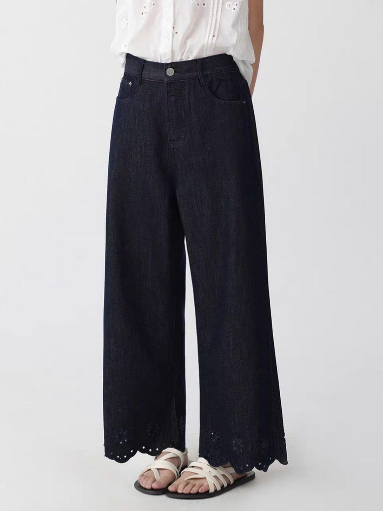 Crochet trim cotton lyocell high waisted denim pants 14