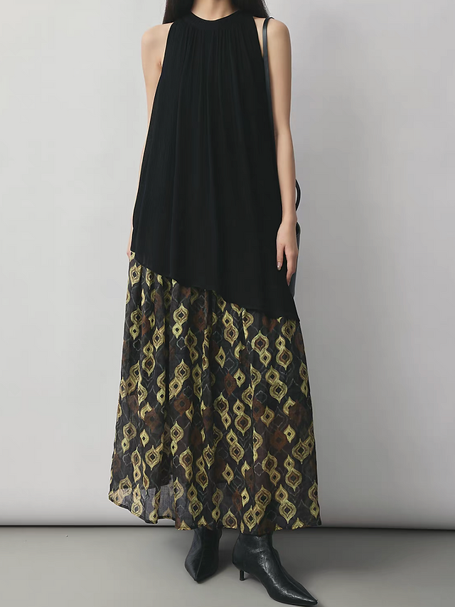 Artisanal patterned pure linen high waisted pleated lined sheer skirt 2