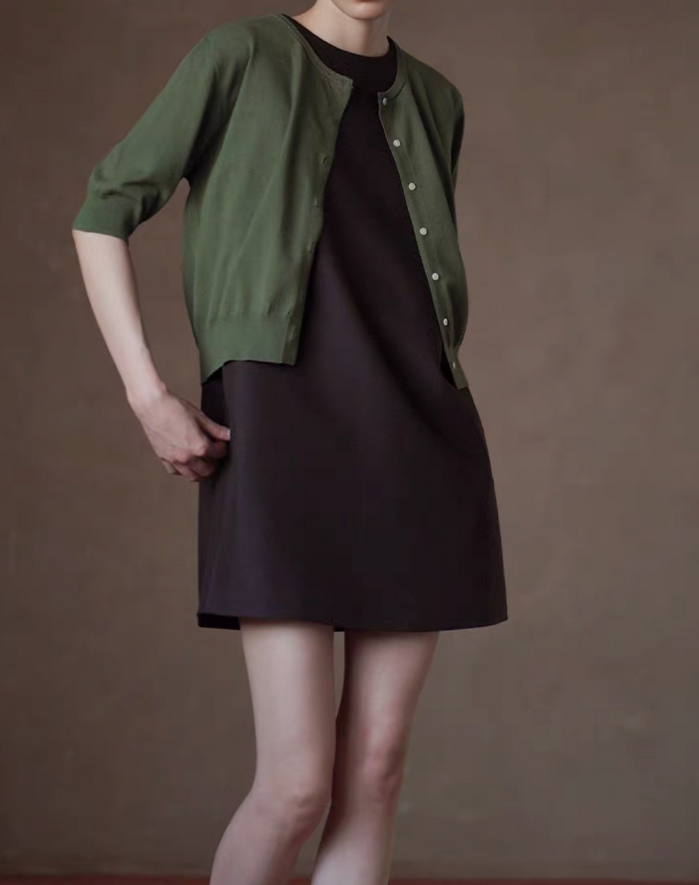 Thumbnail: Poly rayon back zipped crewneck side buttoned bordeaux sleeveless dress