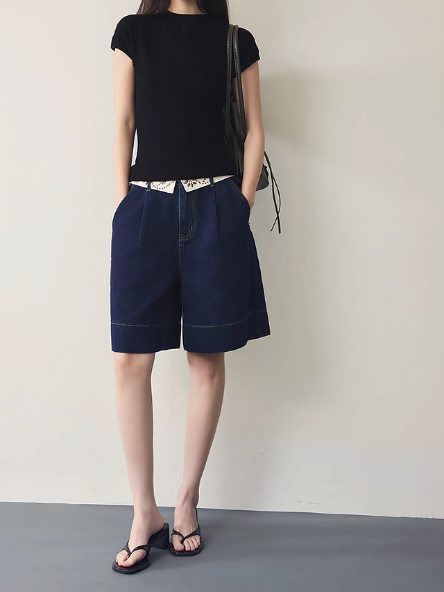 Floral studded fold over trim denim high waisted shorts 13