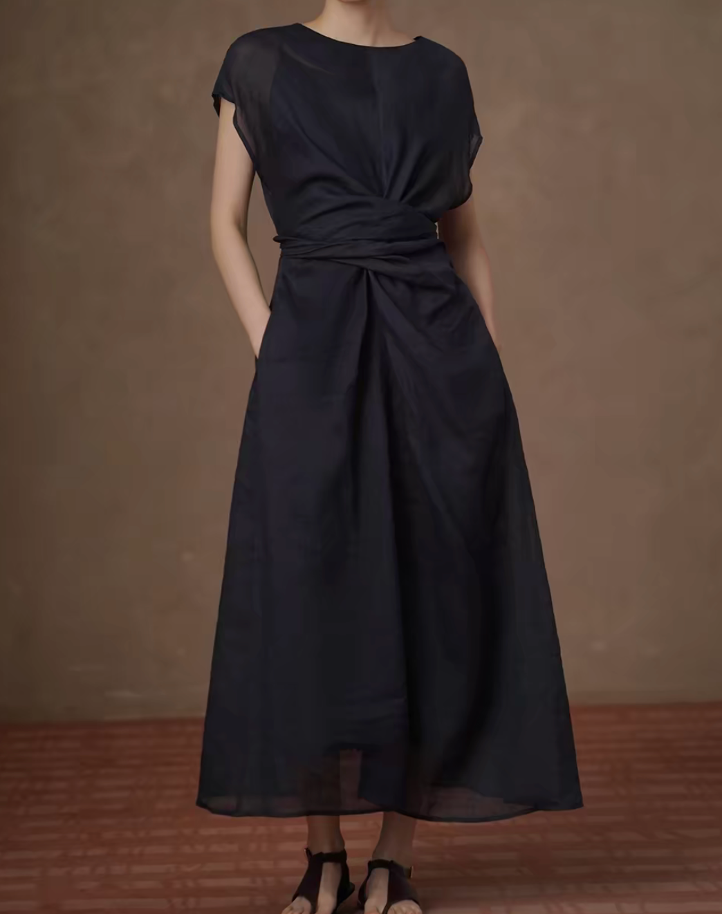 Pure linen navy waist twist flutter sleeves sheer dress with under dress set