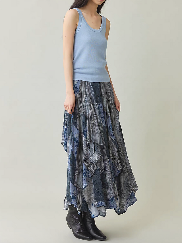 Pure tencel asymetric blue patterned fluid elasticated skirt 3