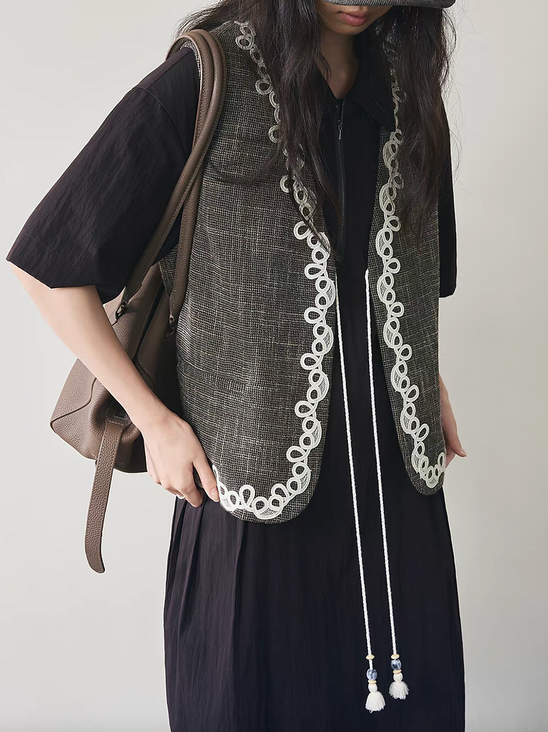 V neck embroidered trim tassels mocha pure cotton checker vest 12