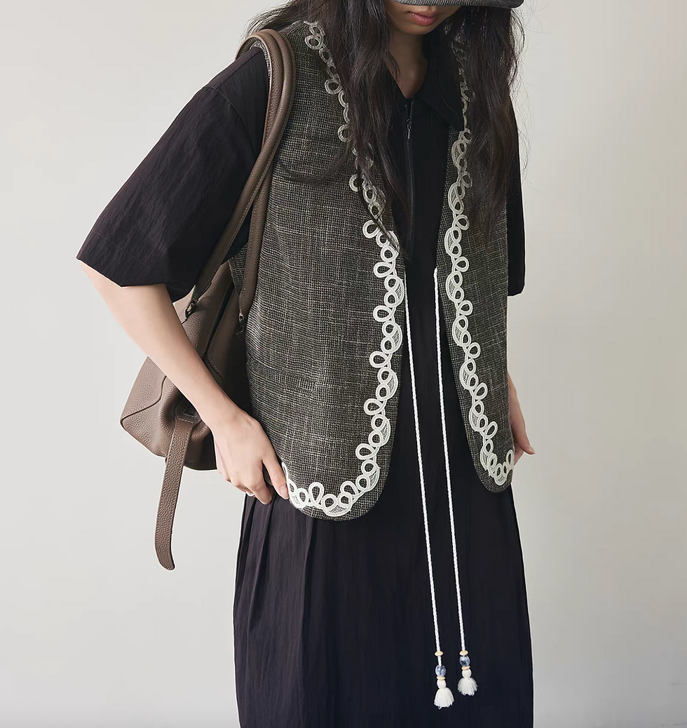 Thumbnail: V neck embroidered trim tassels mocha pure cotton checker vest