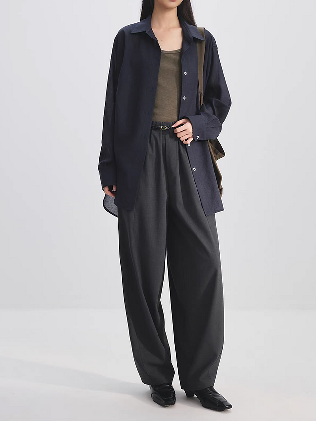 Leather weaved belt+elasticated charcoal grey contour poly rayon linen pants set 7