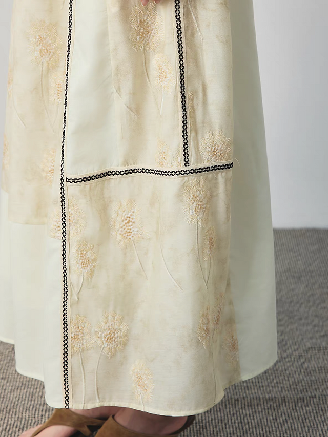 Patchwork embroidered elasticated poly rayon cotton tencel ivory A line skirt 5