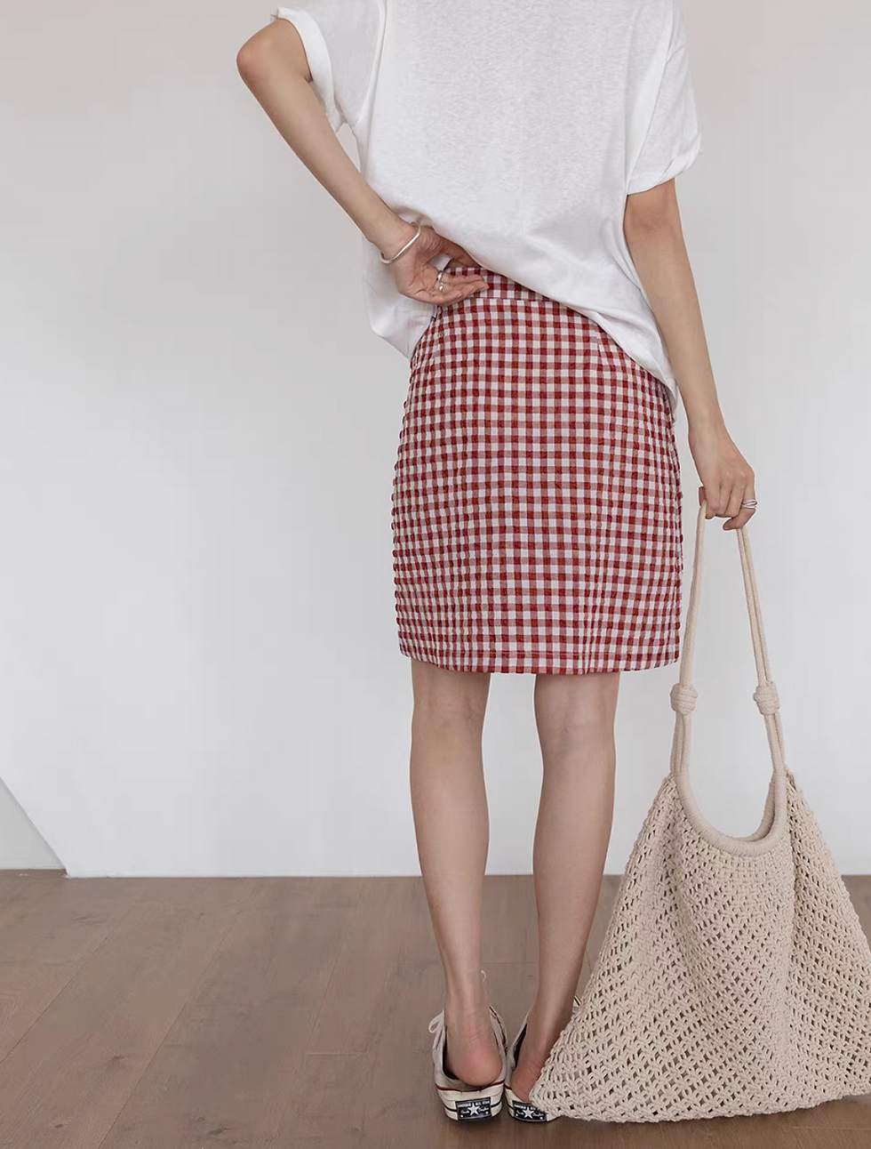 Thumbnail: Checker poly cotton high waisted layered pleated skirt