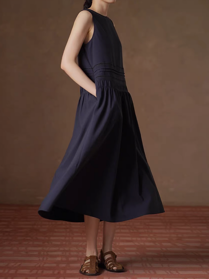 Navy lyocell rayon sheer stripes sleeveless maxi dress 6