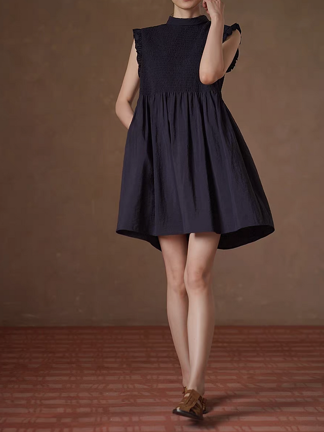 Ruffles trim lyocell poly ruffled midi back knot navy sleeveless dress 7