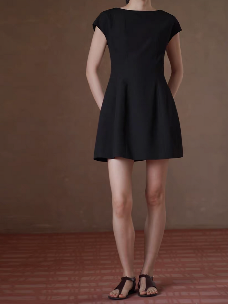 Black flutter sleeves cotton rayon midi flare slim cut dress 5