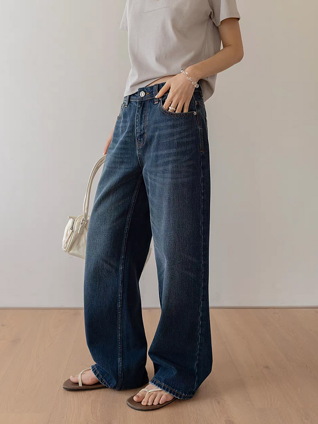 High waisted acid washed distressed pockets denim straight pants 5