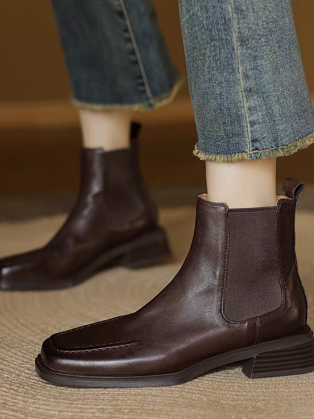Square toe calf leather contour elastic ankle boots 3