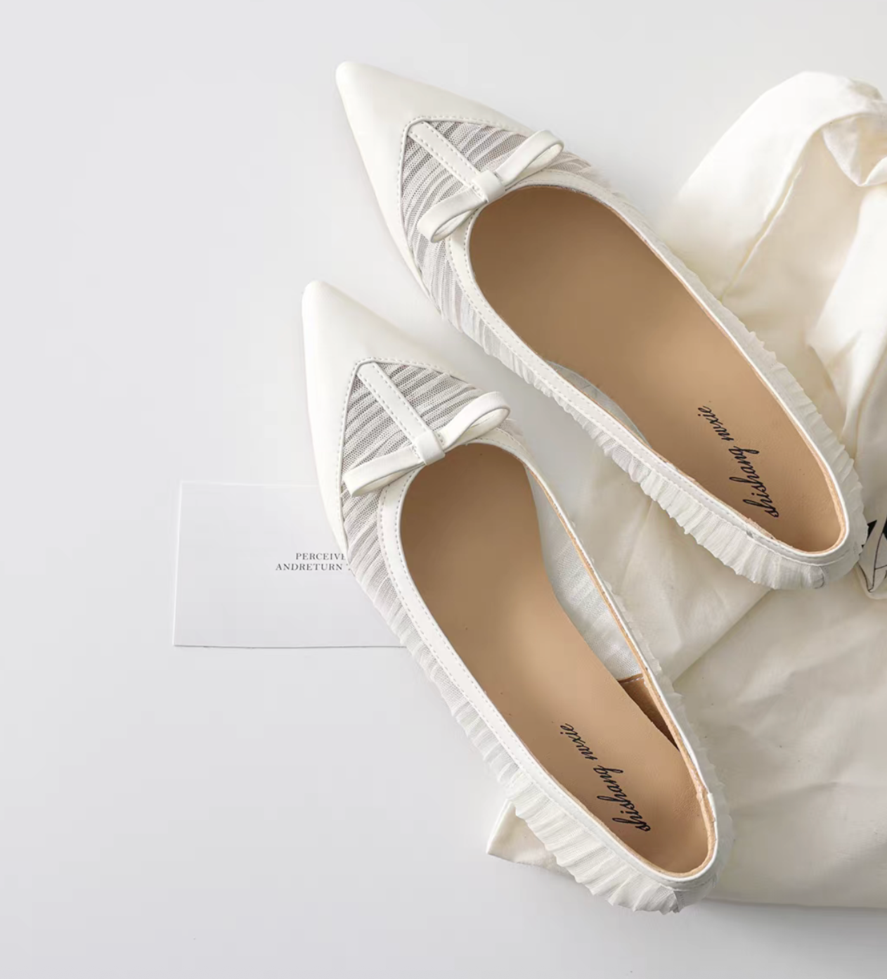 Lambskin docking fabric sheer bow pointy low heels