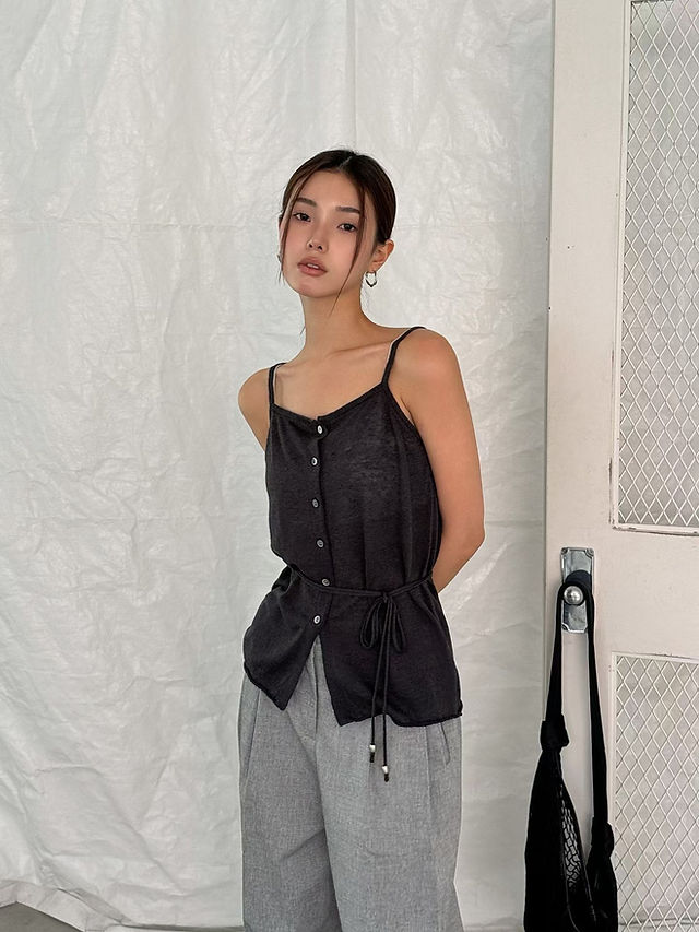 Belted shell buttoned linen acrylic knitted camisole  3
