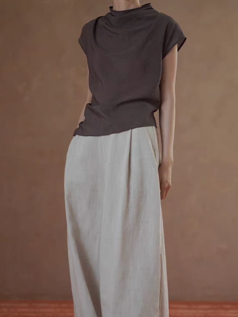 Poly rayon mocha asymmetric drape collar back knot blouse 7