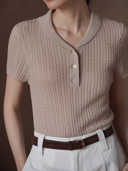 Beige color lyocell cable knitted sailor collar shell buttoned stretchy knitwear