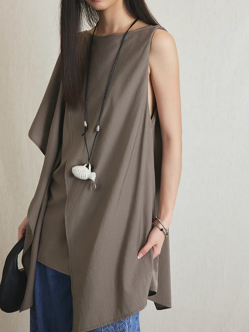 Asymmetric khaki beige cotton poly linen mid length two way vest / blouse 1