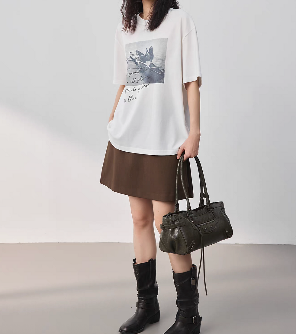 Thumbnail: Cursive retro graphic print cotton crewneck mid length tee