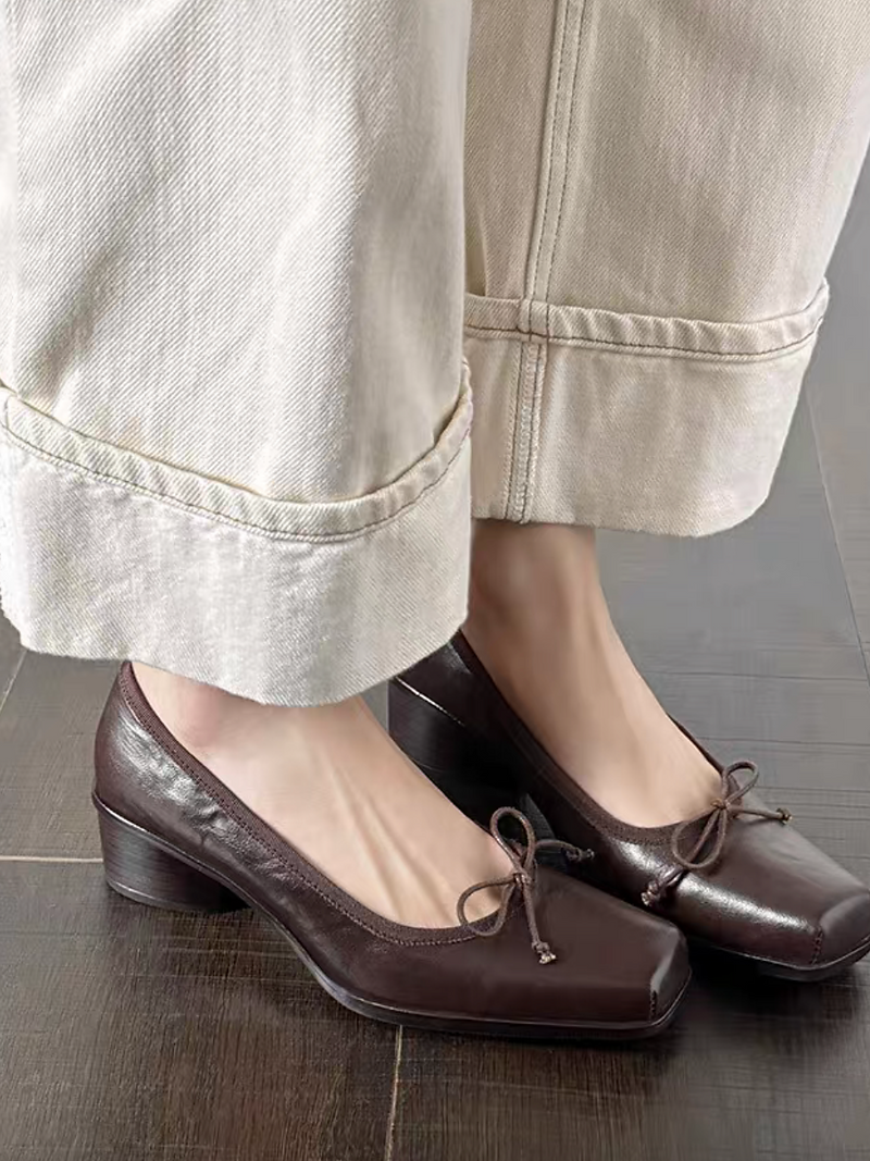 Lambskin brushed off color ribbon round low heels 3