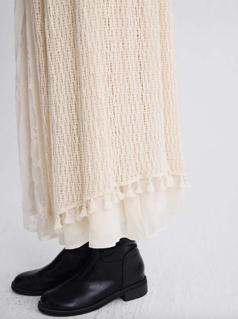 Thumbnail: Ivory layered docking lace crochet pleated poly rayon elasticated skirt