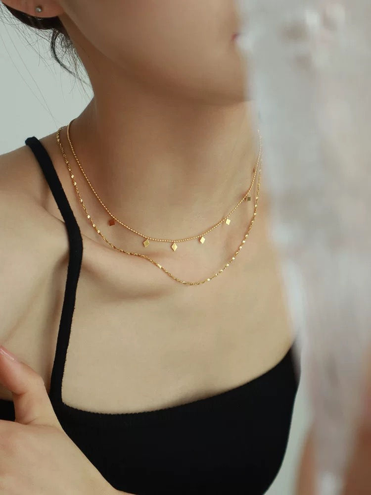 Thumbnail: Rhombus charms double layers golden copper coated 925 silver necklace