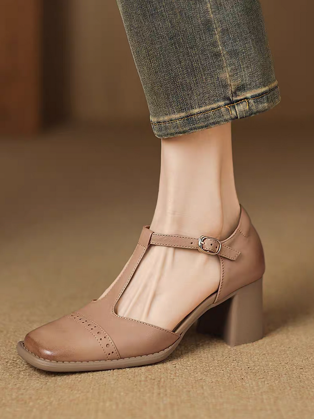 Lambskin square toe brogue chunky heel T strap Mary Janes 2