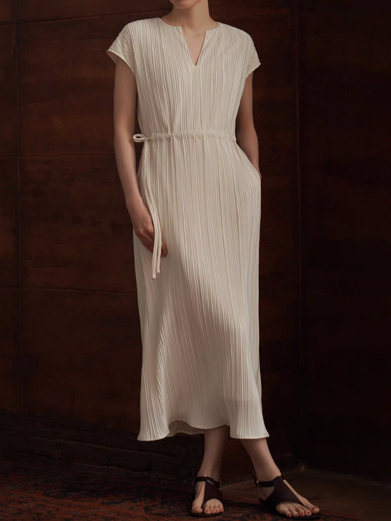 Ivory ribbed waist drawstring poly rayon midi dress 1