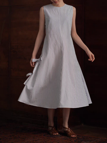 Side straps blue stripes cotton sleeveless dress