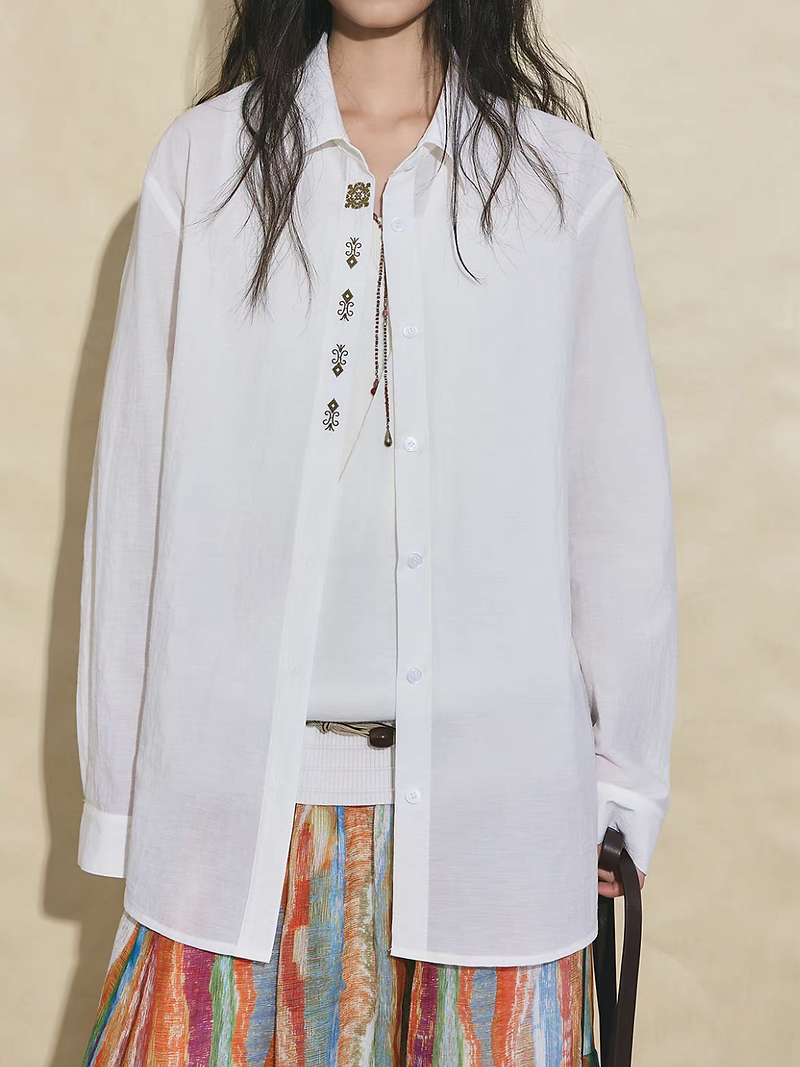 Mid length linen embroider white shirt 6