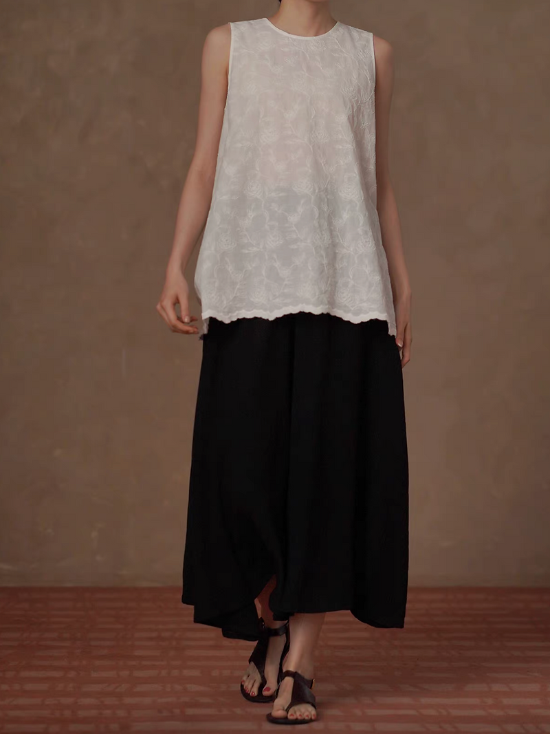Back twist floral embroidered crewneck pure cotton vest 8