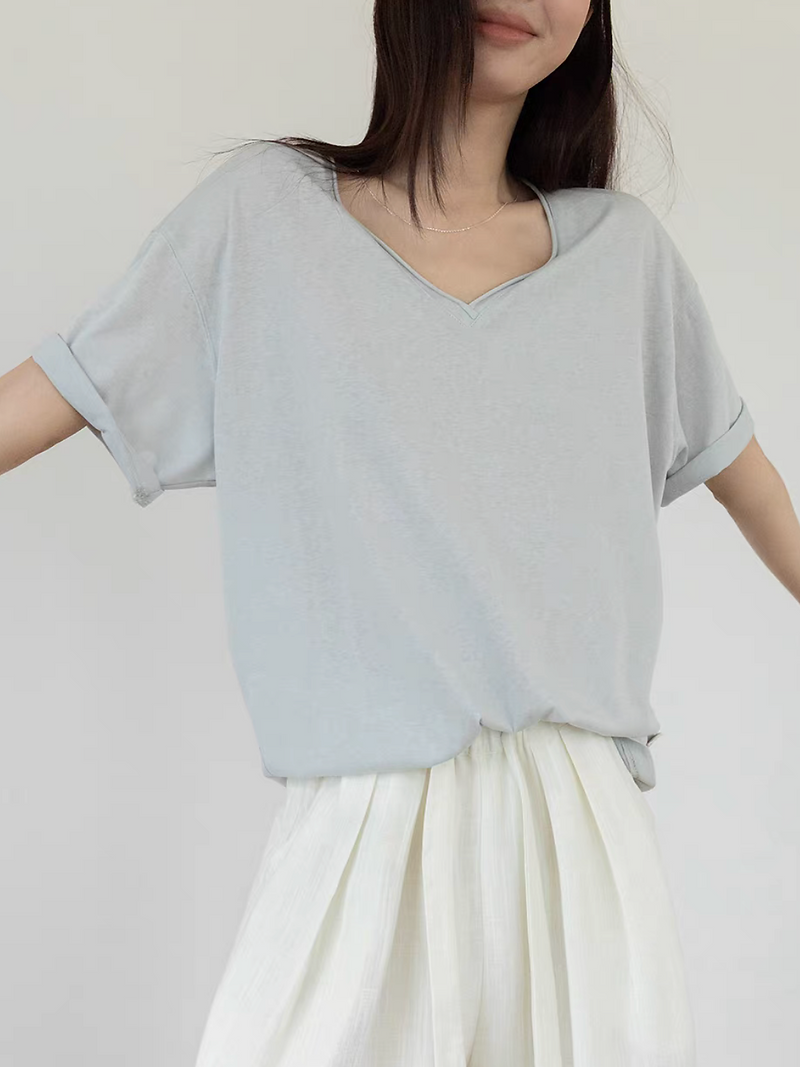 V neck pure cotton boyfriend mid length tee 3