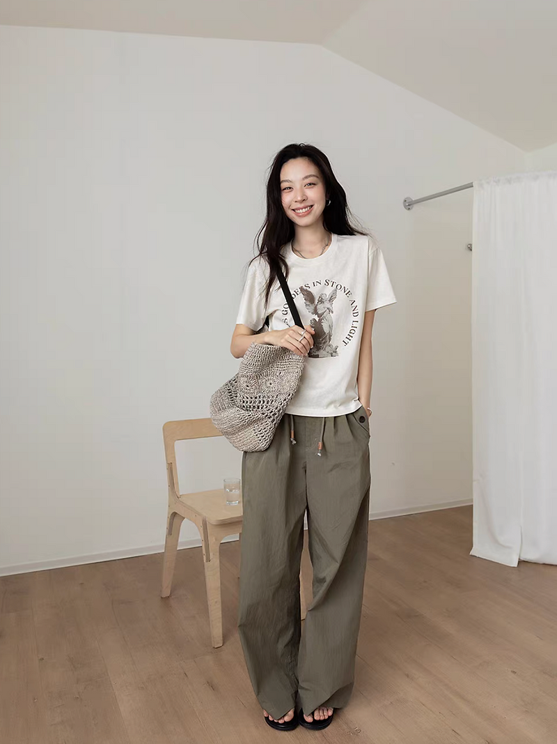 Drawstring cotton rayon ruffle waistline straight pants 6