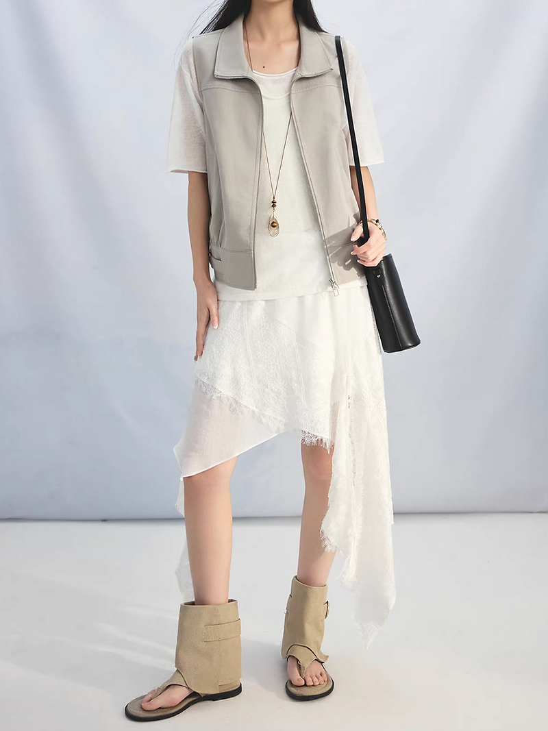 Beige sora zipper side buckle straps two way polo cotton linen vest 4