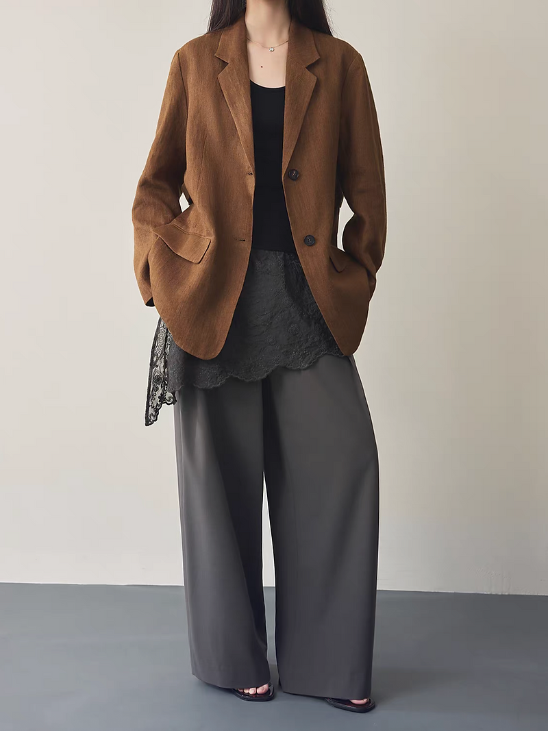 Camel color pure linen mid length waist buttoned lined blazer 3