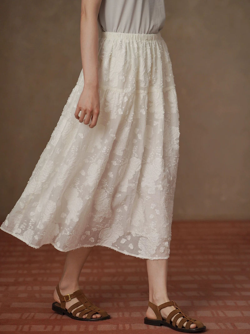 White tencel poly lined embossed floral elasticated table skirt 1