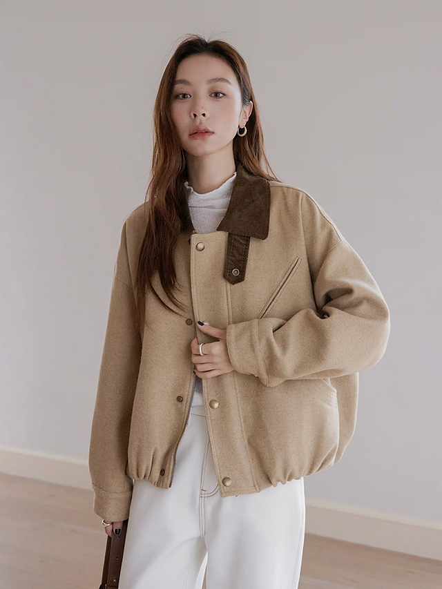 Docking suede collar two way khaki ribbed corduroy wool rayon polo jacket 5