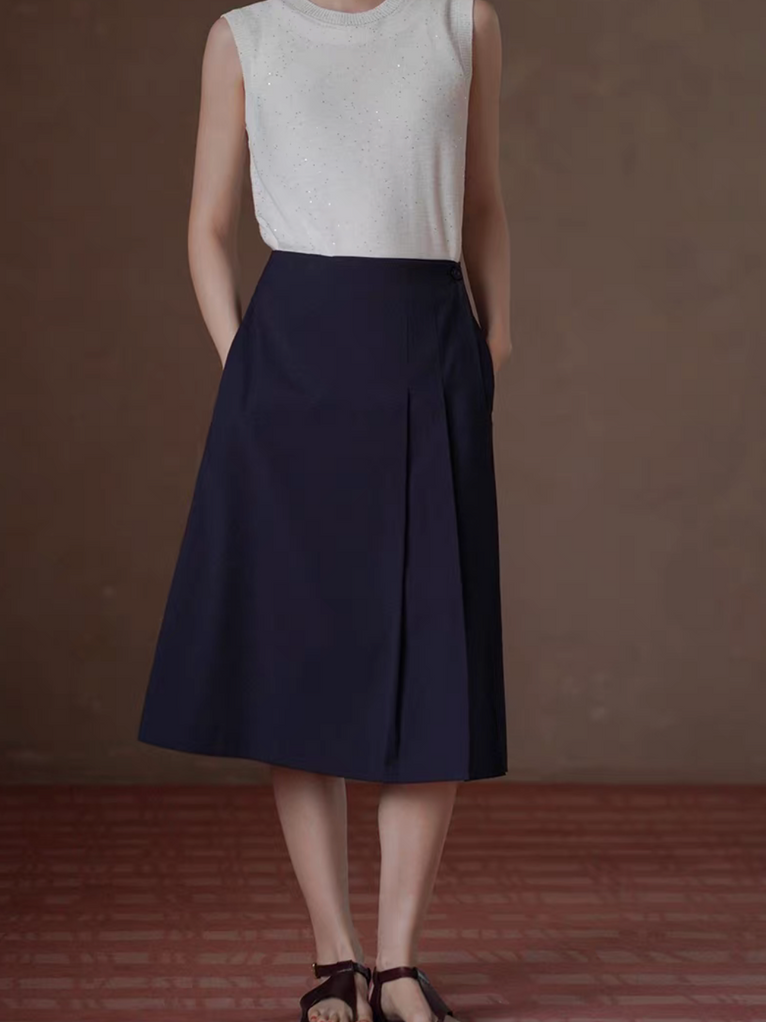 High waisted pleated cotton rayon navy skirt 3