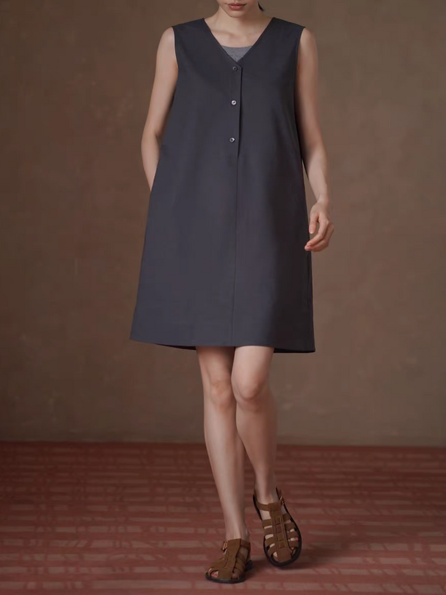 Charcoal V neck buttoned linen cotton sleeveless dress 2