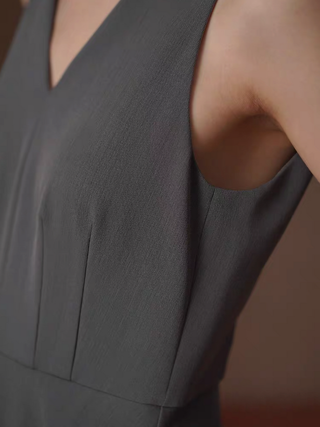 Charcoal color V neck pleated poly rayon sleeveless dress 5