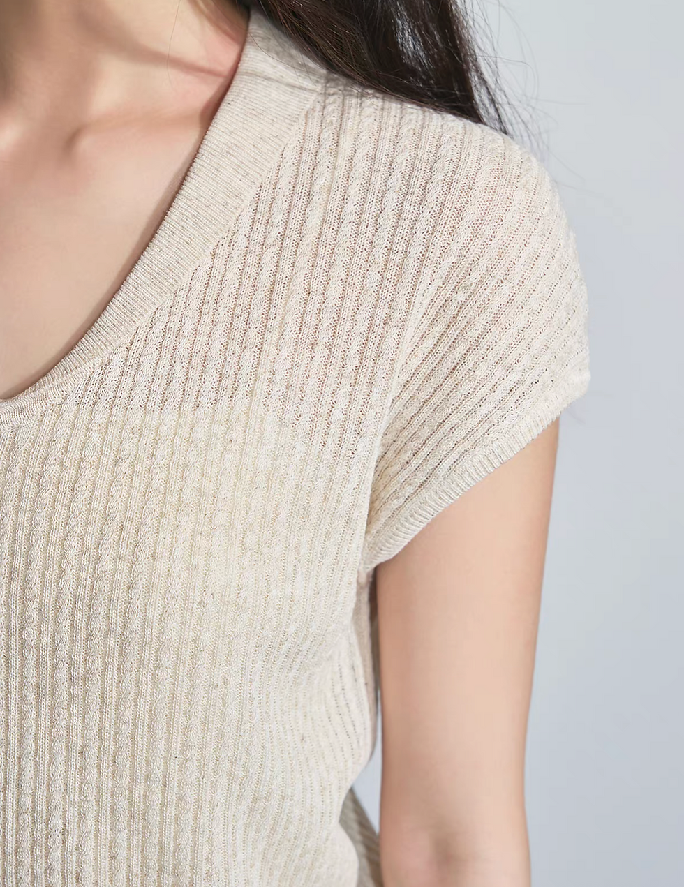 Thumbnail: Beige lyocell linen sailor collar cable knitted top