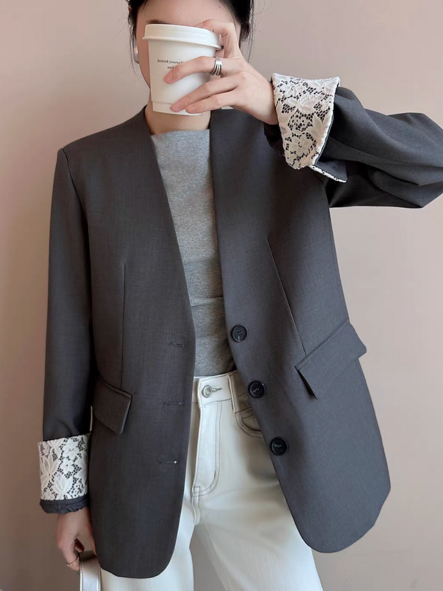 Inner ivory laced lined layer heather grey cotton rayon jacket 7