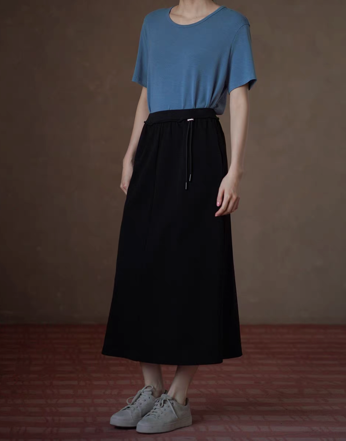 Cotton poly side drawstring elasticated black casual skirt