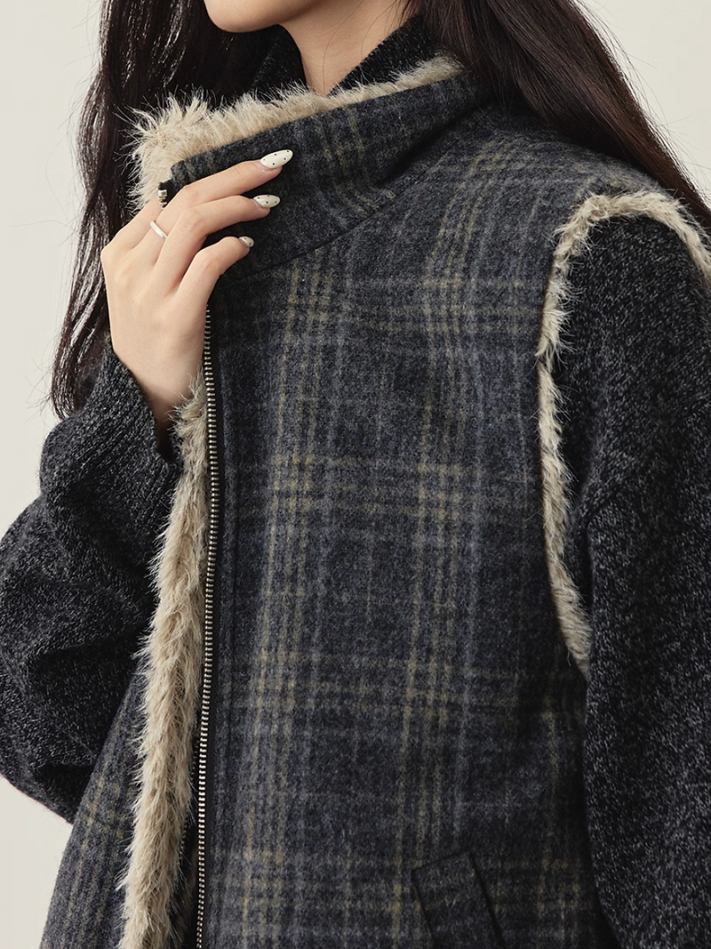 Double sided raccoon wool fur fluffy checker zipper vest 11