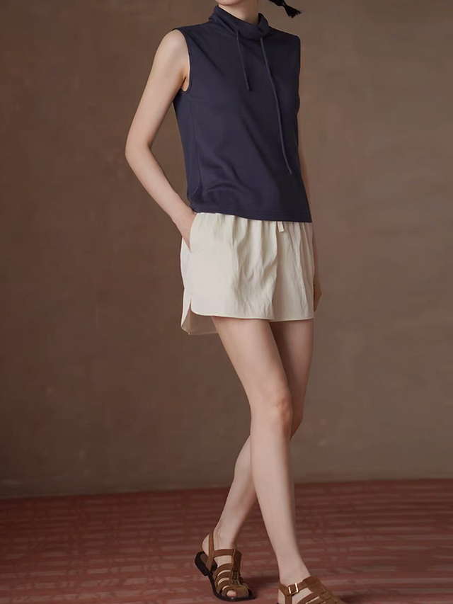 Charcoal navy drawstring standing collar cotton lyocell vest 4