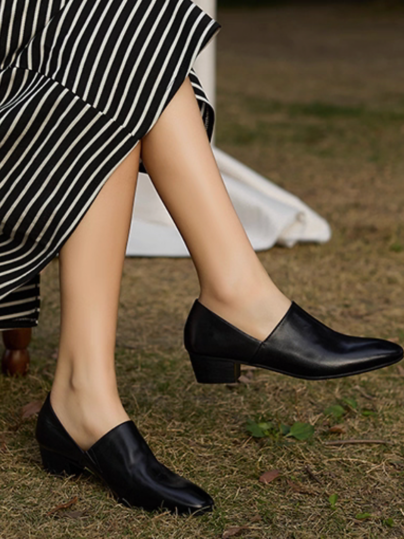 Spanish calf leather side slit black soft low heels 2