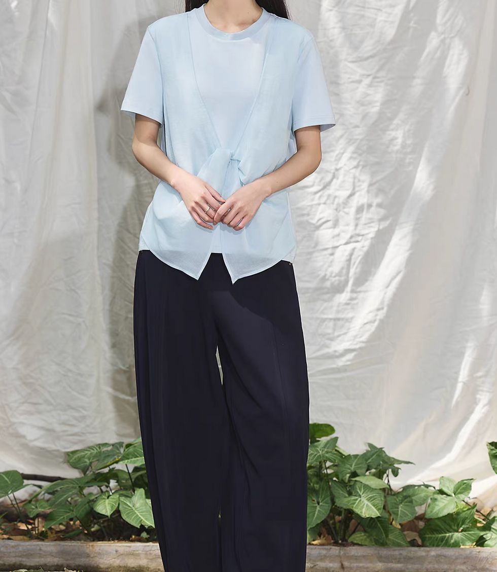 Thumbnail: Front twist satin tencel crewneck cotton docking blouse