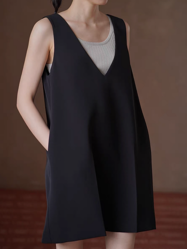 Black deep V low back poly rayon contour dress 1