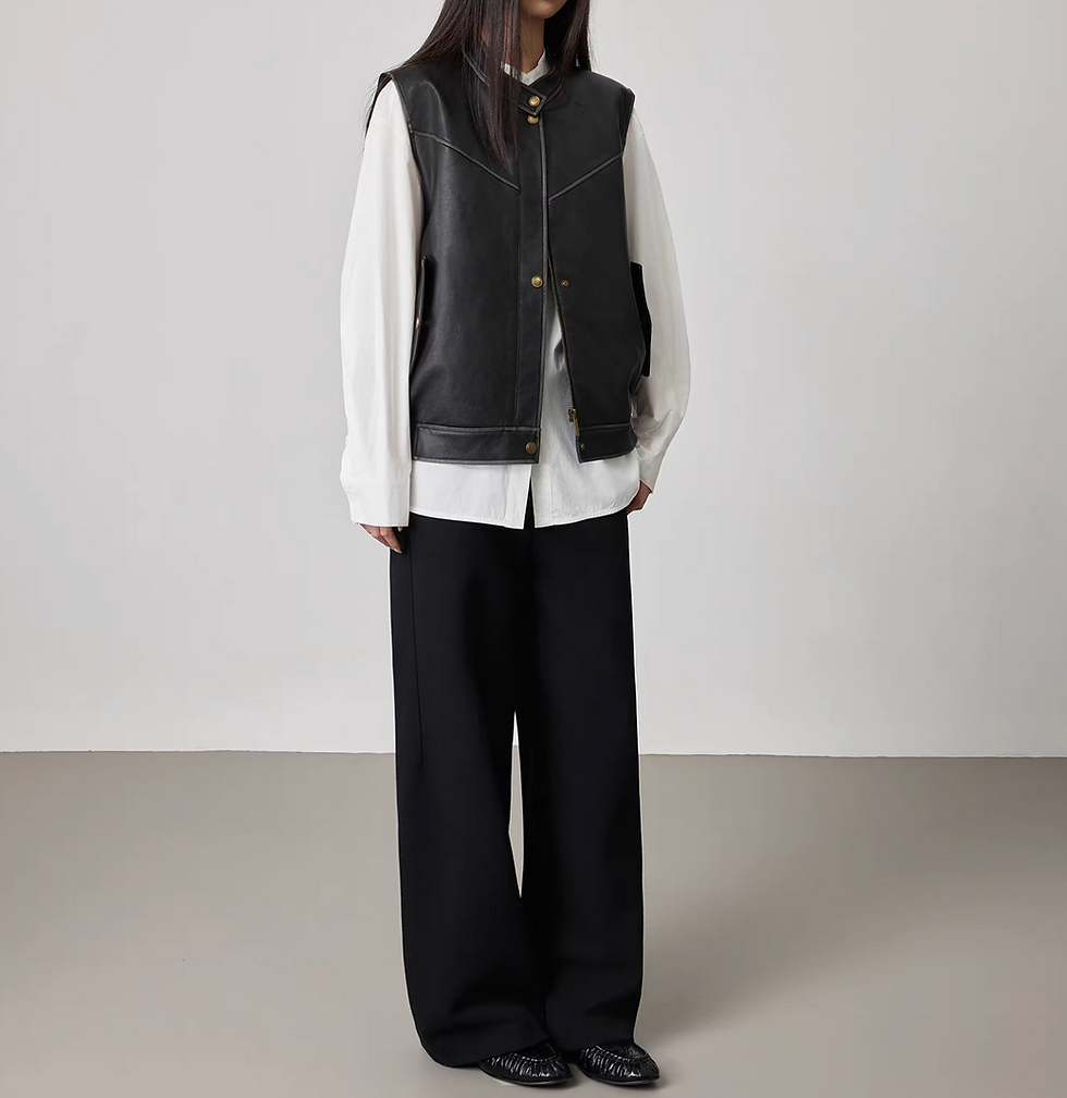 Thumbnail: 90% Inner down filled crewneck synthetic leather clasp buttoned vest