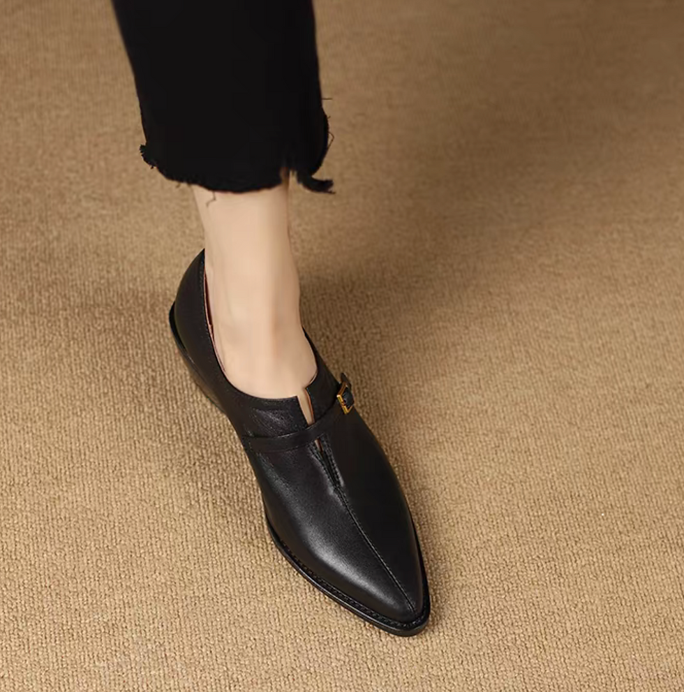 Thumbnail: Thin buckle strap pointy calf leather wood heel loafers